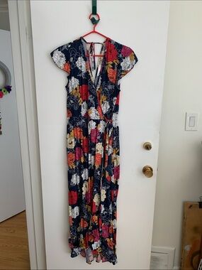 Navy Floral Wrap Maxi Dress with Tie-Back